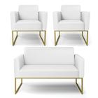 Sofá Namoradeira com 2 Poltronas Base Industrial Dourado Marisa material sintético Branco D03 - D'Rossi - DROSSI