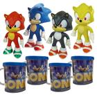 Sonic Azul Amarelo Preto Vermelho Kit 4 bonecos + canecas