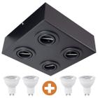 Spot Plafon Box Sobrepor Mr16 Quadruplo Direcionável Preto + Led