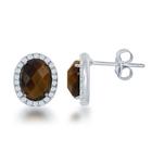 Sterling Prata Oval Brown Tiger Eye Stud Brincos