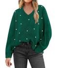 Suéter CARCOS Plus Size Green Pearl Tricot com decote em V de inverno