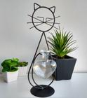 Suporte Decorativo Terrário Gato Metal preto com Vaso de vidro(coração)