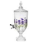 Suqueira de cristal Lyor com capacidade de 4,5 litros, decorada com pintura manual de flores de lavanda, acompanhada de tampa e base com torneira frontal.