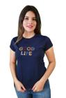 T-Shirt Feminina Good Life Azul com Paetê Dourado