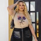 T-Shirt Plus Size Feminina De Algodão Fresquinha Camiseta Gola Alta Com Estampa De Rosa Moda Jovial