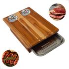 Tábua de Carne Churrasco com Bandeja 2 Potes Inox Madeira Teca 44x30cm