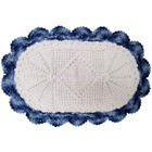 Tapete Artesanal De Crochê Oval Barbante Branco N6 75Cm Borda Azul Para Decorar Quarto Sala Escritório