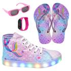 Tênis Botinha Infantil Led Feminino Sereia Casual +Chinelo+Óculos+Relógio