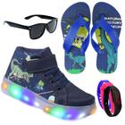 Tenis Botinha Masculino De Led Com Calce Facil Infantil Dinossauro Diversão Luzinha + Chinelo E Oculos Relogio