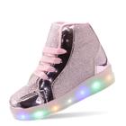 Tenis Cano Medio Luzes de Led Meninas Glitter Espelhado Rosa