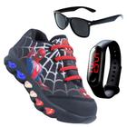 Tênis de LED Infantil Menino Aranha Masculino + Relógio + Óculos