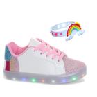 Tênis de Led Luz Menina Branco Rosa Arco Iris com Pulseira