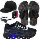 Tênis Infantil Cadarço Feminino Masculino Com Led Escolar +Chinelo+Boné+Óculos+Relógio