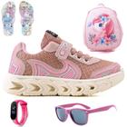 Tenis Infantil Casual Jogger Meninas Escolar Basico + Mochila Chinelo Oculos Relogio