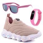 Tenis Infantil De Led Calce Facil Elastico Meninas Feminino + Oculos Relogio