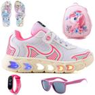 Tenis Infantil De Led Casual Jogger Meninas Escolar Basico + Mochila Chinelo Oculos Relogio