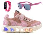 Tenis Infantil De Led Casual Jogger Meninas Escolar Basico+ Oculos + Relogio