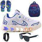 Tenis Infantil De Led Casual Jogger Meninos Escolar Basico + Mochila Chinelo Oculos Relogio