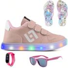 Tenis Infantil De Led Casual Sapatenis Meninas Street Calce Facil + Chinelo Oculos Relogio