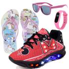 Tenis Infantil De Led Feminino Meninas De Amarrar + Chinelo Oculos Relogio