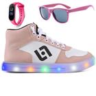 Tenis Infantil De Led Meninas Botinha Cano Alto Escolar Casual Basico + Oculos Relogio