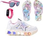 Tenis Infantil De Led Meninas Estrela Holografico Casual LIGHT + Chinelo Oculos Relogio