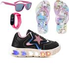 Tenis Infantil De Led Meninas Estrela Holografico Casual LIGHT + Chinelo Oculos Relogio