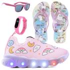 Tenis Infantil De Led Meninas Leve + Chinelo Oculos Relogio