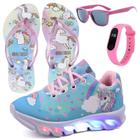 Tenis Infantil De Led Unicornio Calce Facil Meninas LIGHT + Chinelo Oculos Relogio