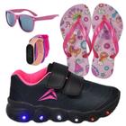 Tênis Infantil Feminino Masculino Carrapicho Com Led Escolar +Chinelo+Óculos+Relógio