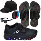 Tênis Infantil Feminino Masculino Carrapicho Com Led Escolar +Chinelo+Óculos+Relógio+Boné