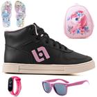 Tenis Infantil Meninas Botinha Cano Alto Escolar Casual Basico + Mochila Chinelo Oculos Relogio