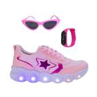 Tênis Led Infantil Feminino Casual Jogging Estrela Coração Rosa +Óculos+Relógio