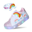 Tenis Luz Led Arco Iris Nuvem Infantil Menina Com Pulseira Rosa