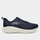 Tênis Olympikus Acqua feminino azul marinho, visto de lado, com cadarços e sola clara.