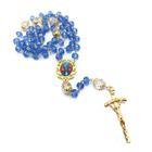 Terço Cristal Sagrado Coração de Jesus e Maria Azul Transparente no Dourado