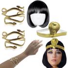 Tiara Cleópatra Egípcia Com 2 Braceletes Peruca Serpente Diadema Rainha Cobra Fantasia