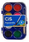 Tinta Aquarela em Pastilha Cis - Estojo c/ 8 Cores + Mini Pincel Atóxicos e Laváveis