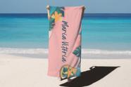 Toalha de Banho Verão Praia Fundo Rosa Personalizado Nome Maria Vitória