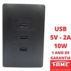 Tomada Tripla USB Bivolt 15W 5V 3A Com Placa Habitat Black FAME
