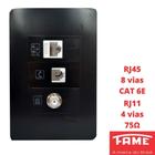 Tomada VDI RJ11 4 Vias RJ45 CAT 6E 8 Vias e Coaxial Com Placa Habitat Black FAME