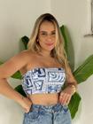 Top cropped faixa feminino estampado azul e branco