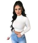 Top de Academia Térmico Cropped Feminino Moda Fitness Outono Inverno Manga Longa Gola Alta - Branco