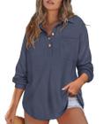 Top feminino CARCOS Waffle Knit Henley Blue Plus Size 4GG