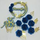 Topo de Bolo 15 anos Flores Espiral Azul personalizado