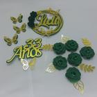 Topo de Bolo Flores e Borboletas Verde e Dourado personalizado