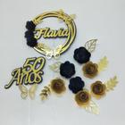 Topo de Bolo Flores Preto e Dourado 50 anos personalizado