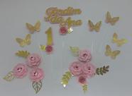 Topo de Bolo Jardim Flores e Borboletas Rosa e Dourado personalizado