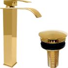 Torneira Dourada Pia Banheiro Bica Alta Cascata Valvula Click 7/8 Inox Kit Lavabo Gold Luxo Torneira Quadrada Monocomando Misturador Ralo Escoamento