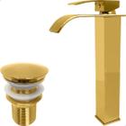 Torneira Dourada Pia Banheiro E Valvula Click 1 1/4 Kit Lavabo Gold Luxo Aço Inox Torneira Quadrada Bica Alta Cascata Monocomando E Ralo Escoamento - Dona D.cor